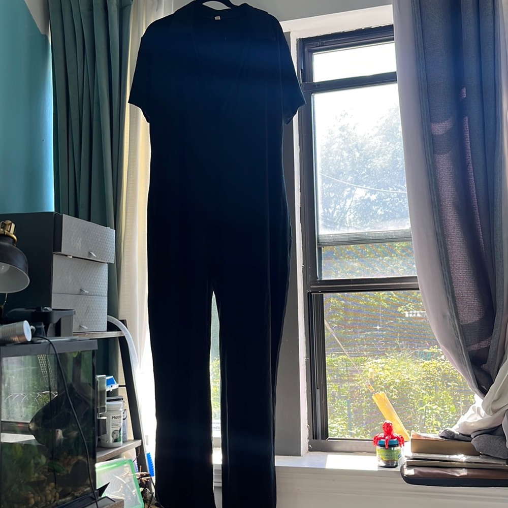 Fashion Brand Company Black Tencel Rib Short Sleeve Collared Jumpsuit